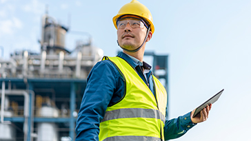 man on tablet outside of plant