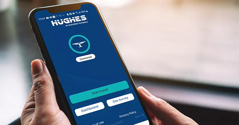 Person using the Hughes LEO app on smart phone