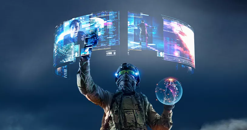 military man with holographic screens